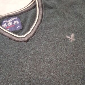 American Eagle Outfitters Men's Dark Green V Neck Sweater Stripe Detail Sz Lg